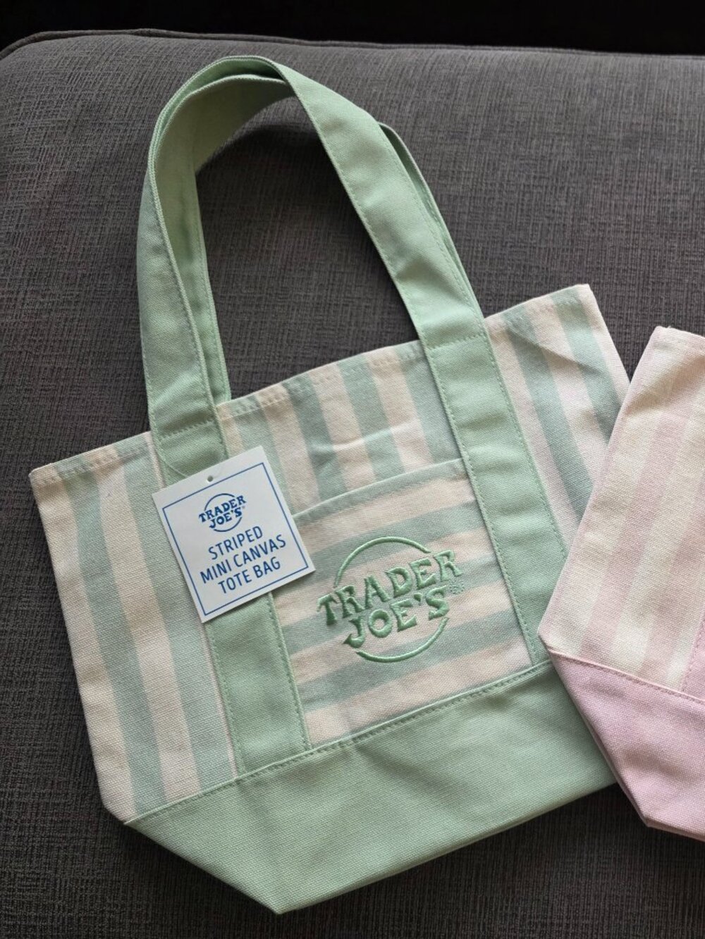 Trader Joe's 2 NEW MINIs- Pastel Pink/Cream AND Mint Striped Canvas Totes- NWT! - Picture 11 of 12